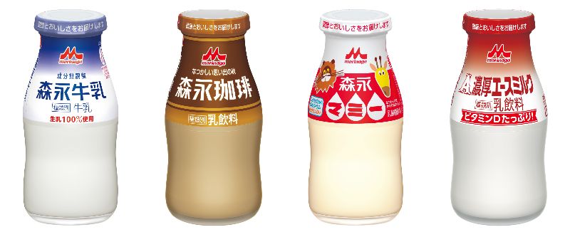 左から「森永牛乳」「森永珈琲」「森永マミー」「濃厚エースミルク」