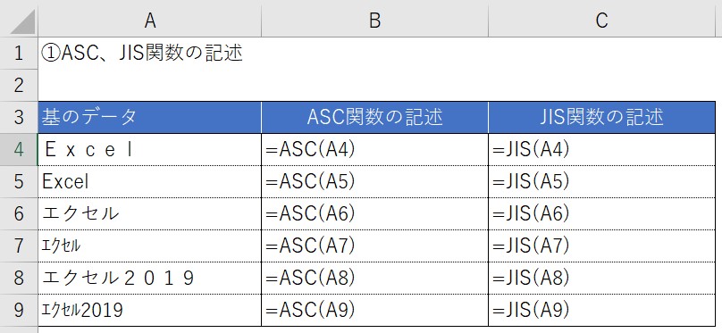 ASC、JIS関数の記述